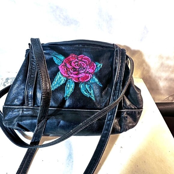 Lew n Me Handbag Shoulder Leather Concho Black Floral Cherry Blossom Rose Tooled - Picture 7 of 7